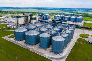 Bio gas factory out of town buildings. Many fans ventilate room. Ecologic biofuel. View from above. photo