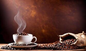 AI generated cup coffee beans, hot coffee, espresso coffee cup with beans, coffee bean background photo