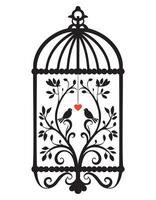 Silhouette of a bird cage decorative with leaves, Black wall decals with flying birds in cage, minimalistic decorative art for interior, Silhouette of a decorative vintage bird cage vector