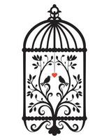 Silhouette of a bird cage decorative with leaves, Black wall decals with flying birds in cage, minimalistic decorative art for interior, Silhouette of a decorative vintage bird cage vector