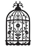 Silhouette of a bird cage decorative with leaves, Black wall decals with flying birds in cage, minimalistic decorative art for interior, Silhouette of a decorative vintage bird cage vector