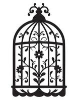 Silhouette of a bird cage decorative with leaves, Black wall decals with flying birds in cage, minimalistic decorative art for interior, Silhouette of a decorative vintage bird cage vector