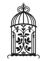 Silhouette of a bird cage decorative with leaves, Black wall decals with flying birds in cage, minimalistic decorative art for interior, Silhouette of a decorative vintage bird cage vector