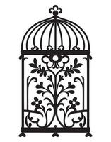 Silhouette of a bird cage decorative with leaves, Black wall decals with flying birds in cage, minimalistic decorative art for interior, Silhouette of a decorative vintage bird cage vector