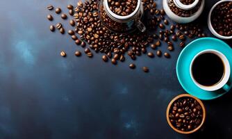 AI generated cup coffee beans, hot coffee, espresso coffee cup with beans, coffee bean background photo