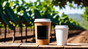 AI generated coffee cup mockup design, coffee cup mockup on coffee beans, hot coffee background, blank coffee cup mockups, paper coffee bags photo