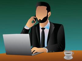 illustration of cartoon people character design young man working on laptop and talking on the mobile phone while sitting by the desk in the office on a white background vector