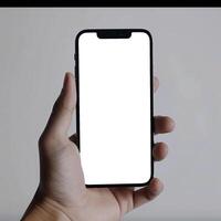 AI generated Modern smartphone mockup. Hand holding smartphone with white blank screen. photo