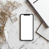 AI generated Modern smartphone mockup scene. Smartphone mockup template with blank white screen. photo