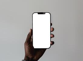 AI generated Modern smartphone mockup. Hand holding smartphone with white blank screen. photo