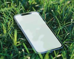 AI generated Modern smartphone mockup scene. Smartphone mockup template with blank white screen on green grass. photo