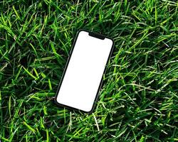 AI generated Modern smartphone mockup scene. Smartphone mockup template with blank white screen on green grass. photo