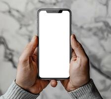 AI generated Modern smartphone mockup. Hand holding smartphone with white blank screen. photo