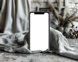 AI generated Modern smartphone mockup scene. Smartphone mockup template with blank white screen. photo