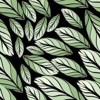 seamless pattern with leaf illustrations, with green gradient colors and a dark background vector