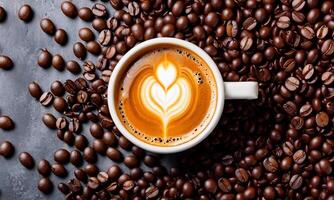 AI generated cup coffee beans, hot coffee, espresso coffee cup with beans, coffee bean background photo