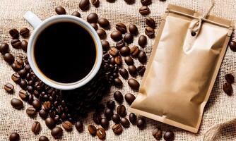 AI generated coffee cup mockup design, coffee cup mockup on coffee beans, hot coffee background, blank coffee cup mockups, paper coffee bags photo