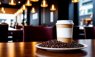 AI generated coffee cup mockup design, coffee cup mockup on coffee beans, hot coffee background, blank coffee cup mockups, paper coffee bags photo