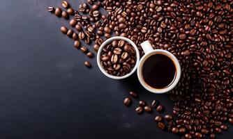 AI generated cup coffee beans, hot coffee, espresso coffee cup with beans, coffee bean background photo