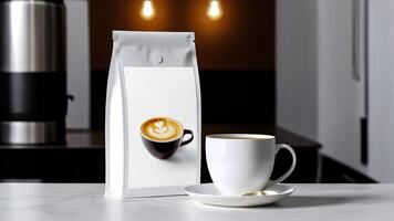 ai generado café taza Bosquejo diseño, café taza Bosquejo en café frijoles, caliente café fondo, blanco café taza maquetas, papel café pantalones foto