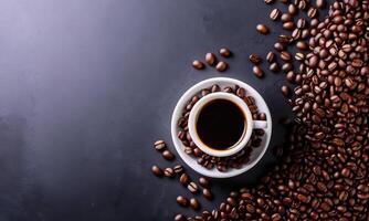 AI generated cup coffee beans, hot coffee, espresso coffee cup with beans, coffee bean background photo