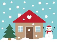 Vector flat winter landscape with house snowman