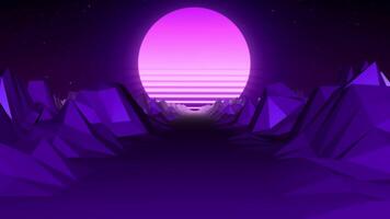 3D retro animation with moving through a purple landscape with glowing pink sun in the synthwave style of the 80s and 90s on a dark background , motion graphics , 4k , 60 fps video