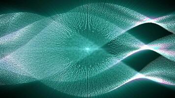 Looping abstract animation of glowing blue green particle waves with a circular field around a light source in the center on a shining background with white glow effect , looped video, 4k , 60 fps video