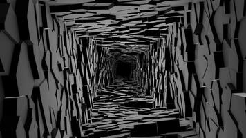 Monochrome 3D background with dark abstract corridor made of randomly moving blocks with realistic black shadows and moving camera effect , motion graphics , 4k , 60 fps video