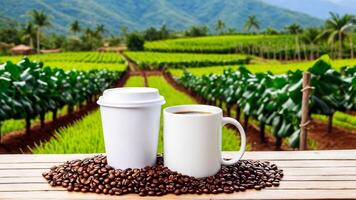 AI generated coffee cup mockup design, coffee cup mockup on coffee beans, hot coffee background, blank coffee cup mockups, paper coffee bags photo