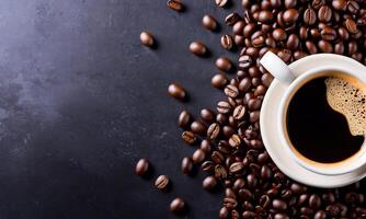 AI generated cup coffee beans, hot coffee, espresso coffee cup with beans, coffee bean background photo