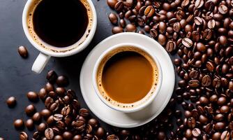 AI generated cup coffee beans, hot coffee, espresso coffee cup with beans, coffee bean background photo