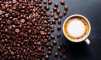 AI generated cup coffee beans, hot coffee, espresso coffee cup with beans, coffee bean background photo