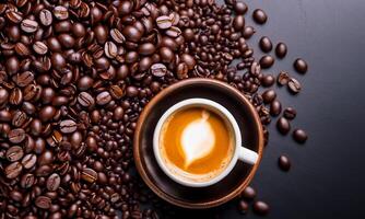 AI generated cup coffee beans, hot coffee, espresso coffee cup with beans, coffee bean background photo