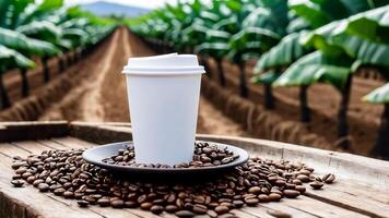 AI generated coffee cup mockup design, coffee cup mockup on coffee beans, hot coffee background, blank coffee cup mockups, paper coffee bags photo