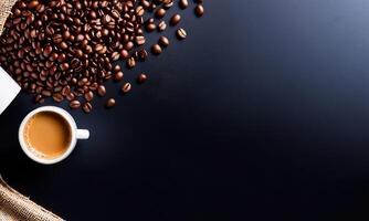 AI generated cup coffee beans, hot coffee, espresso coffee cup with beans, coffee bean background photo