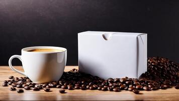 AI generated coffee cup mockup design, coffee cup mockup on coffee beans, hot coffee background, blank coffee cup mockups, paper coffee bags photo