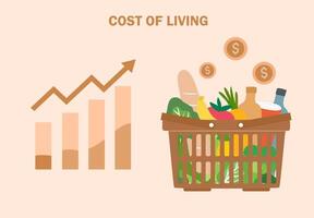 Grocery shopping basket with high graph. Cost of living, growth of grocery price, economic inflation vector illustration