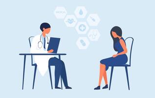 Woman patient consulting with doctor at hospital vector illustration. Doctor consultation concept