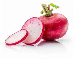 AI generated Whole radish with slice isolated on white background. Close-up Shot. photo