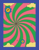 Bright groovy posters 70s design. Retro poster with psychedelic style with rays, cloud and flower vector