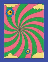 Bright groovy posters 70s design. Retro poster with psychedelic style with rays, cloud and flower vector