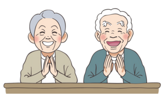 AI generated A simple line drawing of an elderly couple smiling and clapping in the style of Japanese animation png