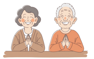 AI generated A simple line drawing of an elderly couple smiling and clapping in the style of Japanese animation png