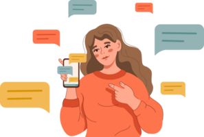 Woman blogger shows phone with messages or comments written by subscribers from social networks. Blogger girl with smartphone recommends using messaging service to promote your business. png