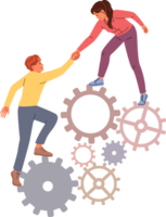 Business woman provides support to weak colleague by helping climb stack of gears, showing commitment to teamwork. Guy and girl from startup support each other to achieve career success png