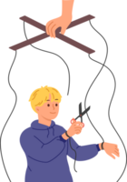 Independent boy frees himself from parental manipulation by cutting puppeteer ropes that interfere with self-development. Puppeteer hand is trying to control child and direct son in right direction png