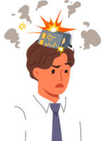 Man robot with exploding computer boards in head due to overload with work tasks. Bionic robot with damaged PCB instead of brain needs repair or replacement of components with new ones png