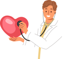 Man doctor with stethoscope in hands holds large heart, giving lesson on rules of diagnosis for people with cardio disease. Doctor treats cardio problems in patients with pathological symptoms png