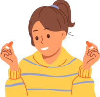 Woman uses earplugs to block out noise from neighbors so can concentrate or sleep. Earplugs in hands of happy teenage girl preparing ready to start work and getting rid of distractions png